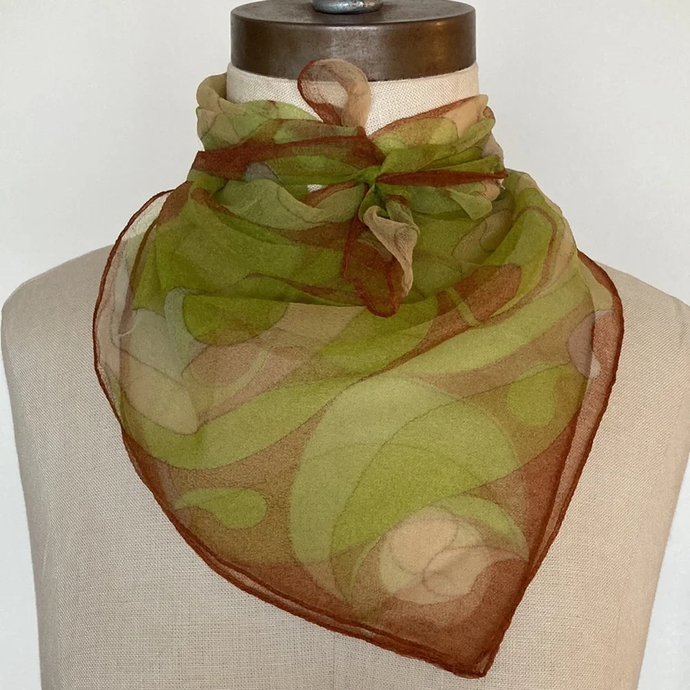 1950s 1960s MCM sheer nylon scarf, green swirl print